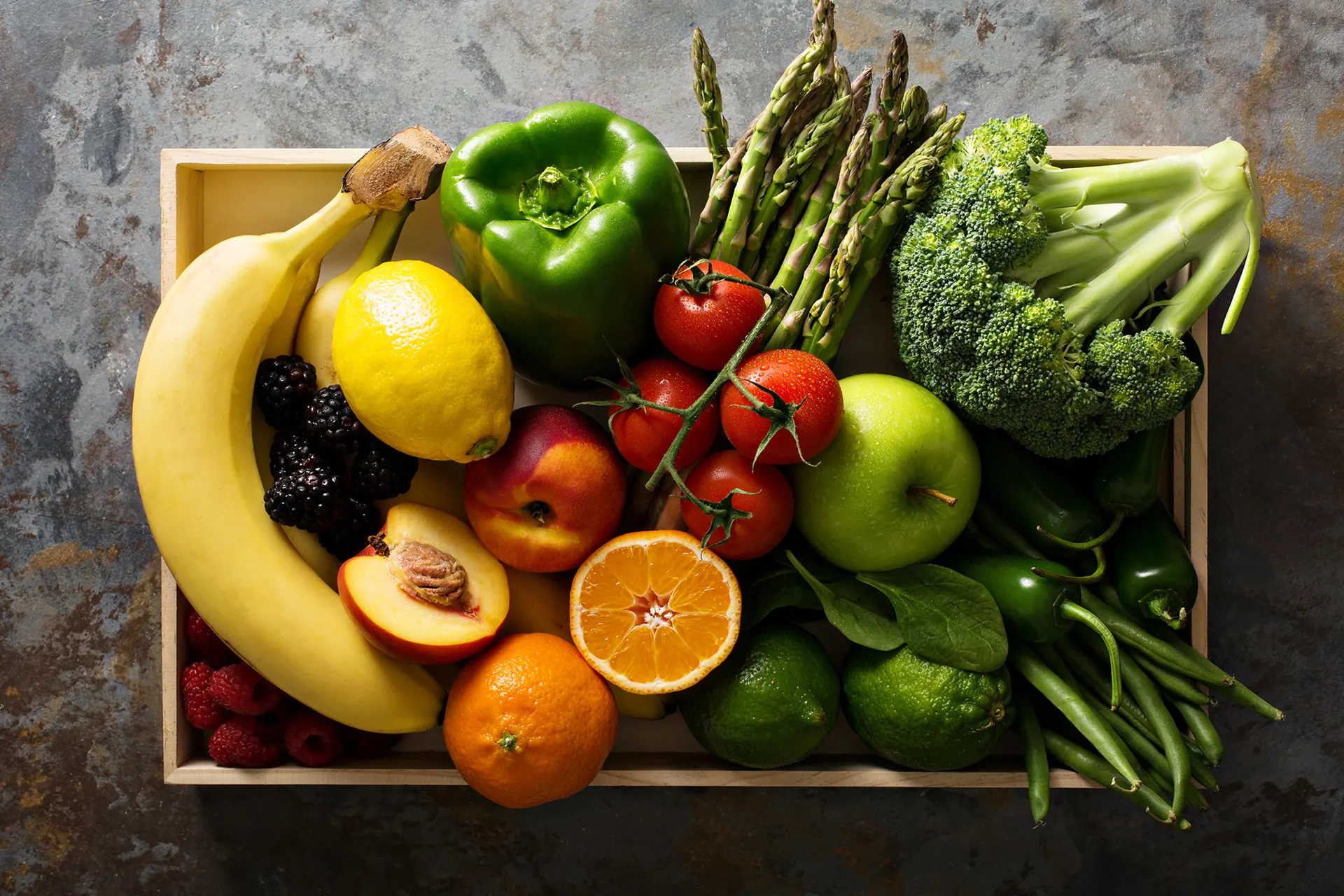 Crate of fresh fruit and vegetables